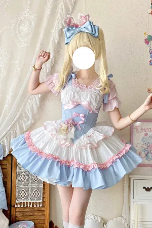 Light-Blue/Pink/White [Fairy Tale Overture] Triple-Layered Ruffle Bowknot Fishbone Sweet Ballet Lolita Dress