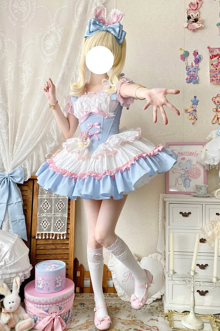 Light-Blue/Pink/White [Fairy Tale Overture] Triple-Layered Ruffle Bowknot Fishbone Sweet Ballet Lolita Dress