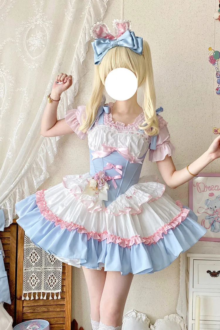 Light-Blue/Pink/White [Fairy Tale Overture] Triple-Layered Ruffle Bowknot Fishbone Sweet Ballet Lolita Dress