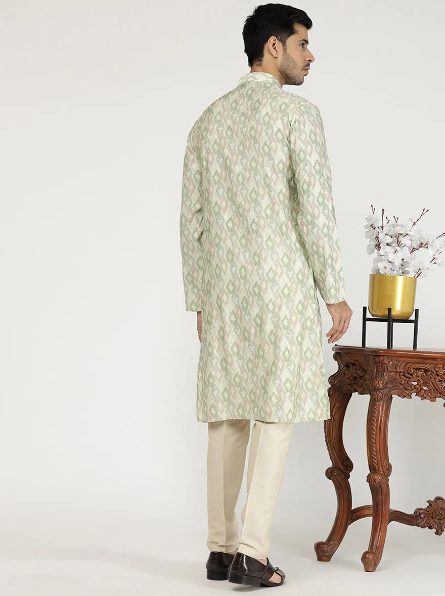 Light Pista Printed Cotton Silk Blend Kurta | The Kurta Company