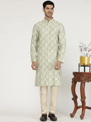 Light Pista Printed Cotton Silk Blend Kurta | The Kurta Company