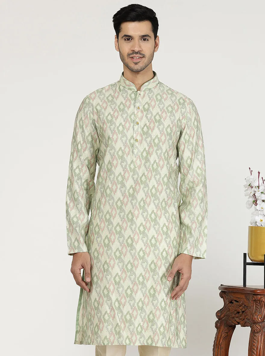Light Pista Printed Cotton Silk Blend Kurta | The Kurta Company