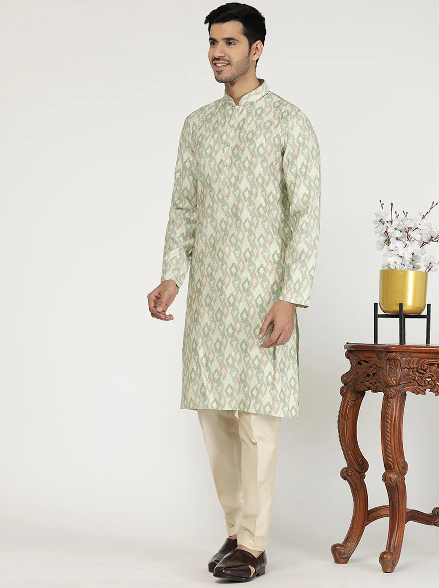 Light Pista Printed Cotton Silk Blend Kurta | The Kurta Company