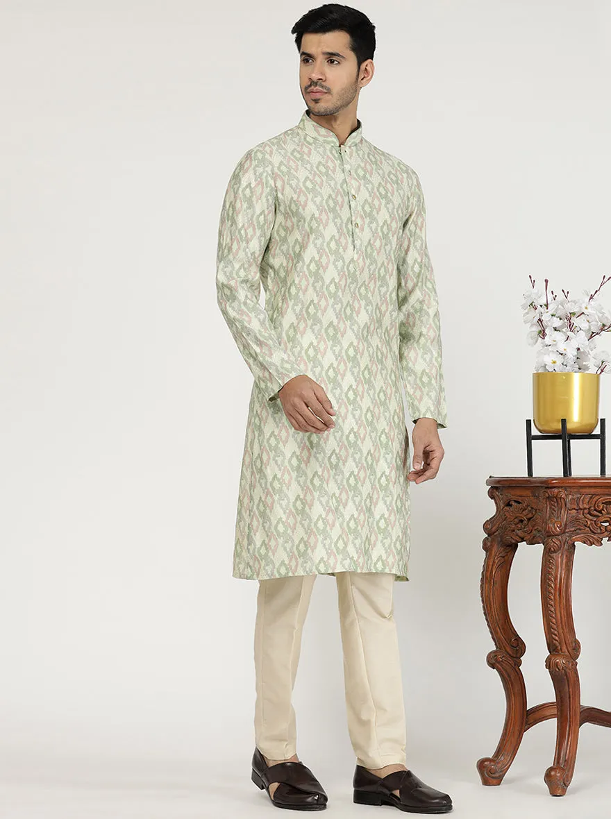 Light Pista Printed Cotton Silk Blend Kurta | The Kurta Company