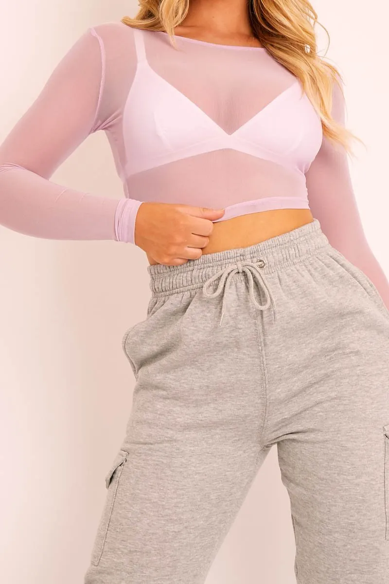 Lilac Mesh Long Sleeve Crop Top - Aaima