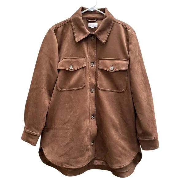 LOFT Brown Faux Suede Button Up Shacket Front Breast &amp; Side Pockets Womens Large