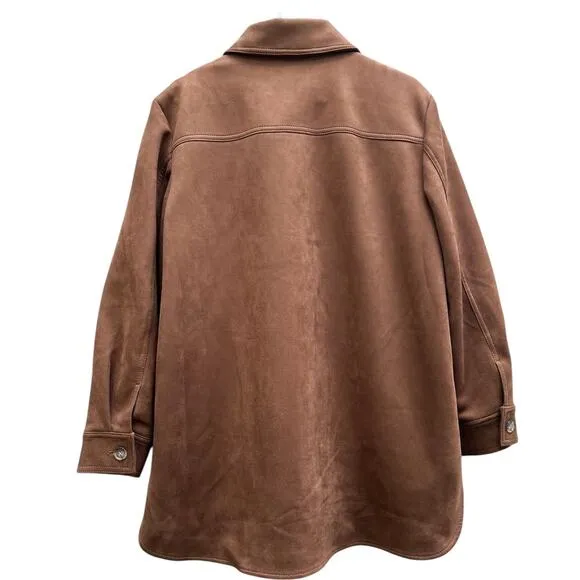 LOFT Brown Faux Suede Button Up Shacket Front Breast &amp; Side Pockets Womens Large