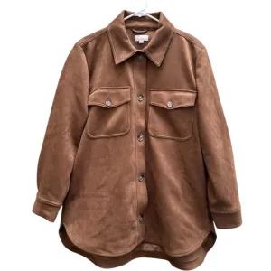 LOFT Brown Faux Suede Button Up Shacket Front Breast &amp; Side Pockets Womens Large