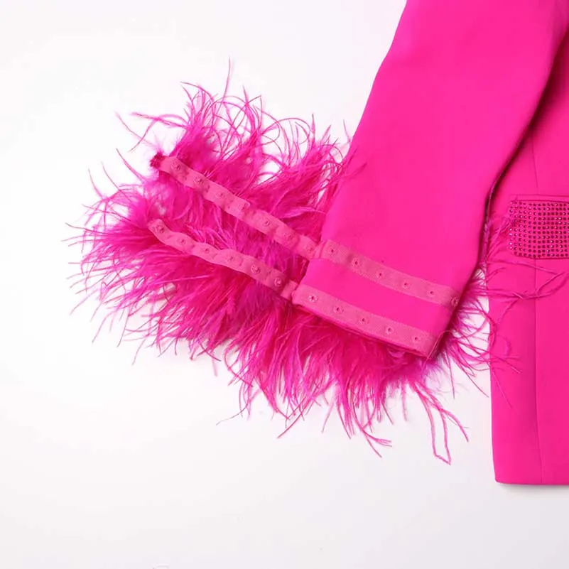 Long Sleeve Feather Crystal Blazer in Hot Pink, White, Black