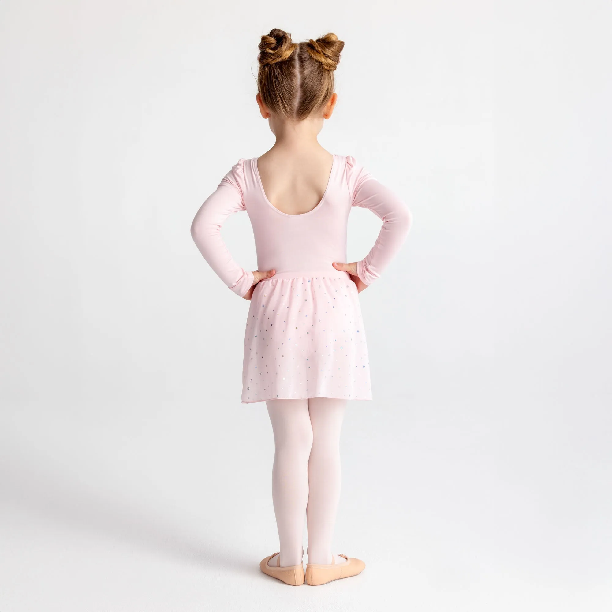 Long Sleeve Sequin Skirted Leotard in Ballet Pink
