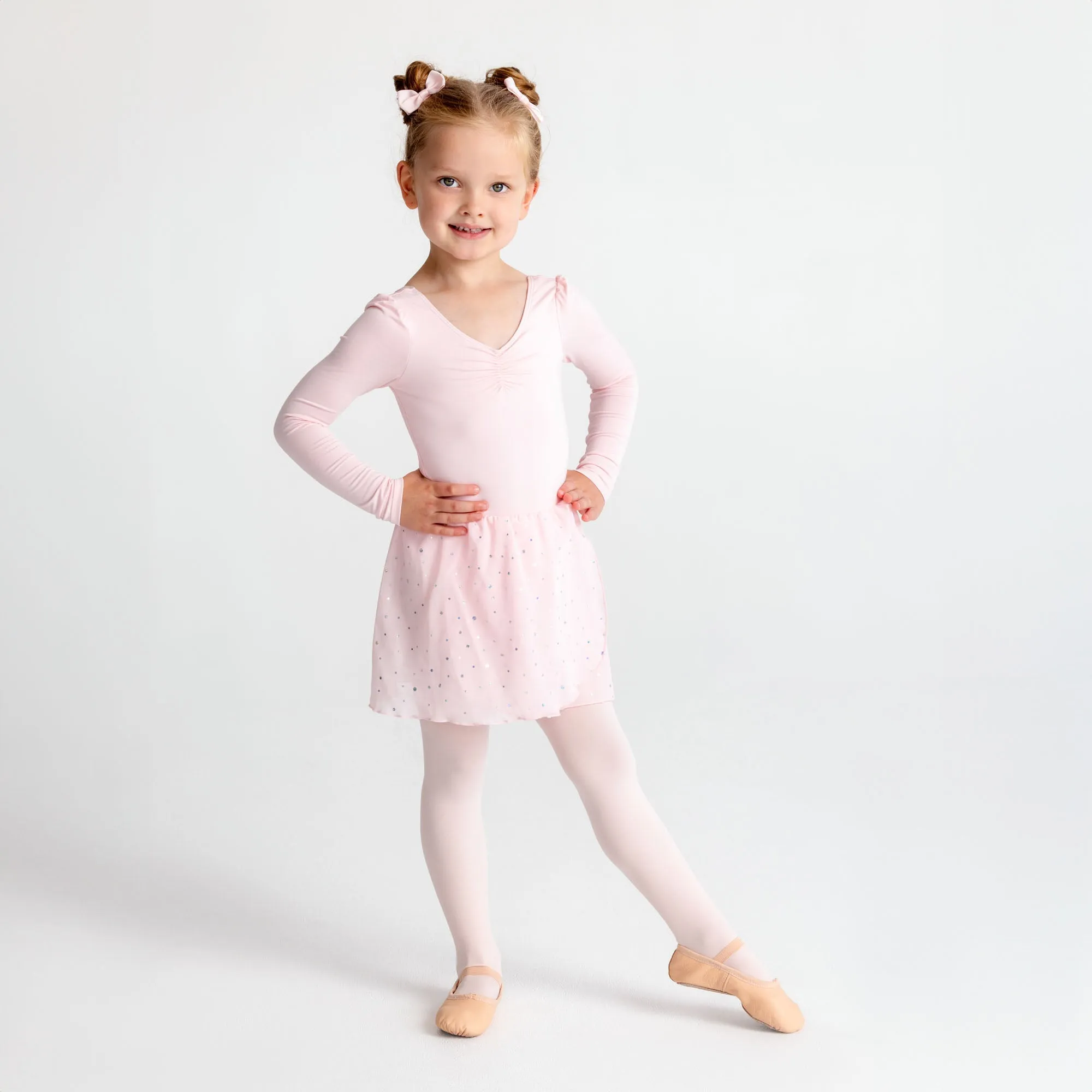 Long Sleeve Sequin Skirted Leotard in Ballet Pink