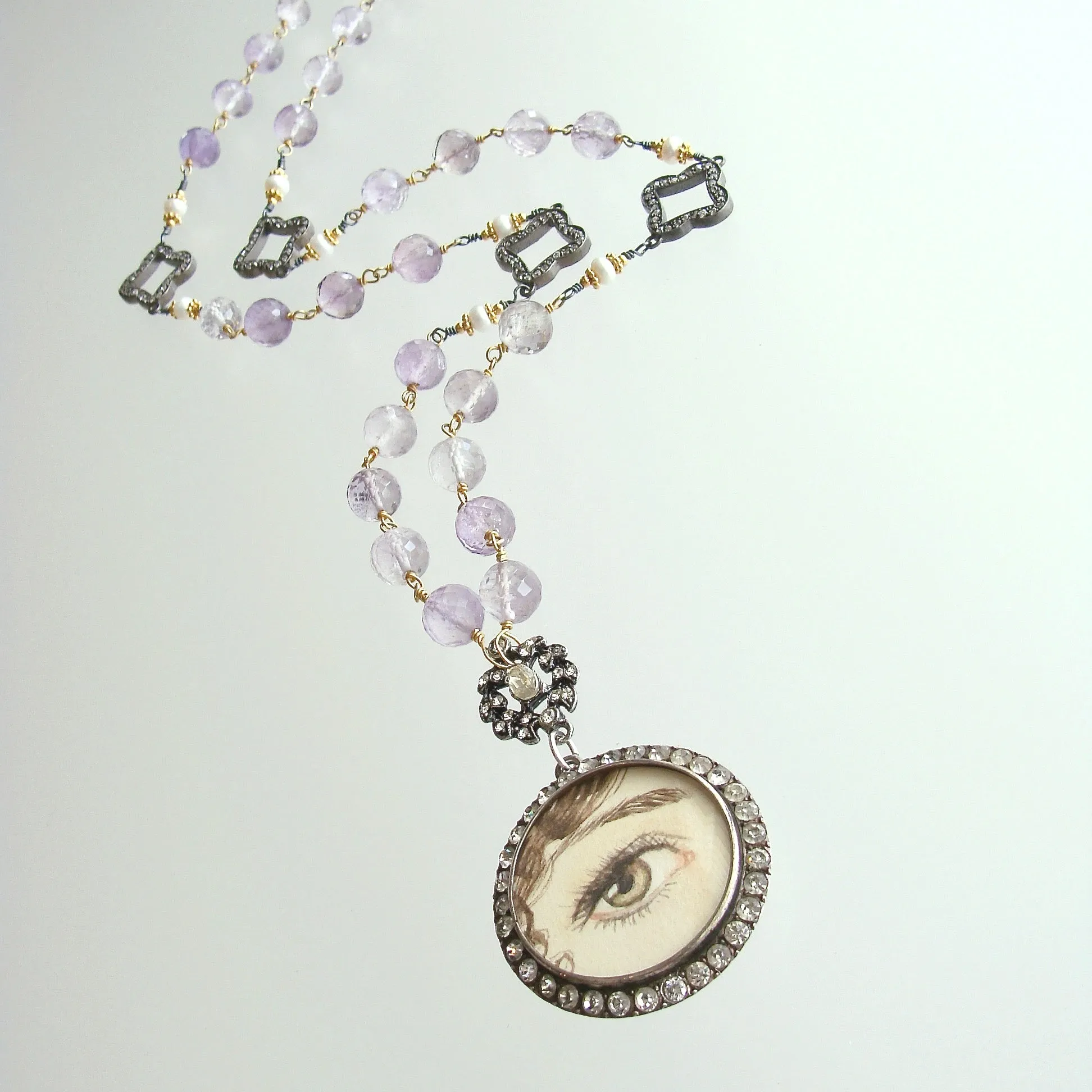 Lover’s Eye Pink Amethyst Button Pearls Silver Paste Quatrefoils Necklace - Delphina Necklace