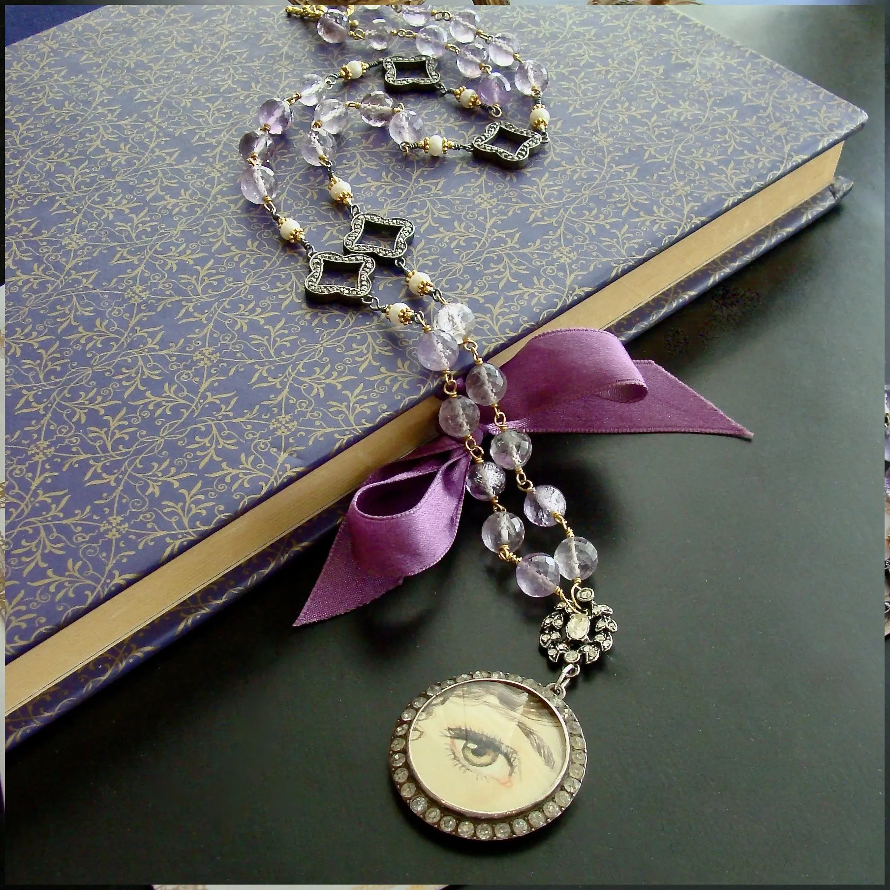 Lover’s Eye Pink Amethyst Button Pearls Silver Paste Quatrefoils Necklace - Delphina Necklace