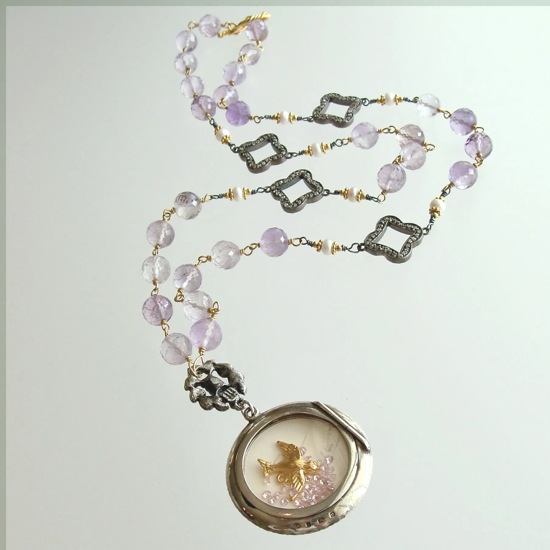 Lover’s Eye Pink Amethyst Button Pearls Silver Paste Quatrefoils Necklace - Delphina Necklace
