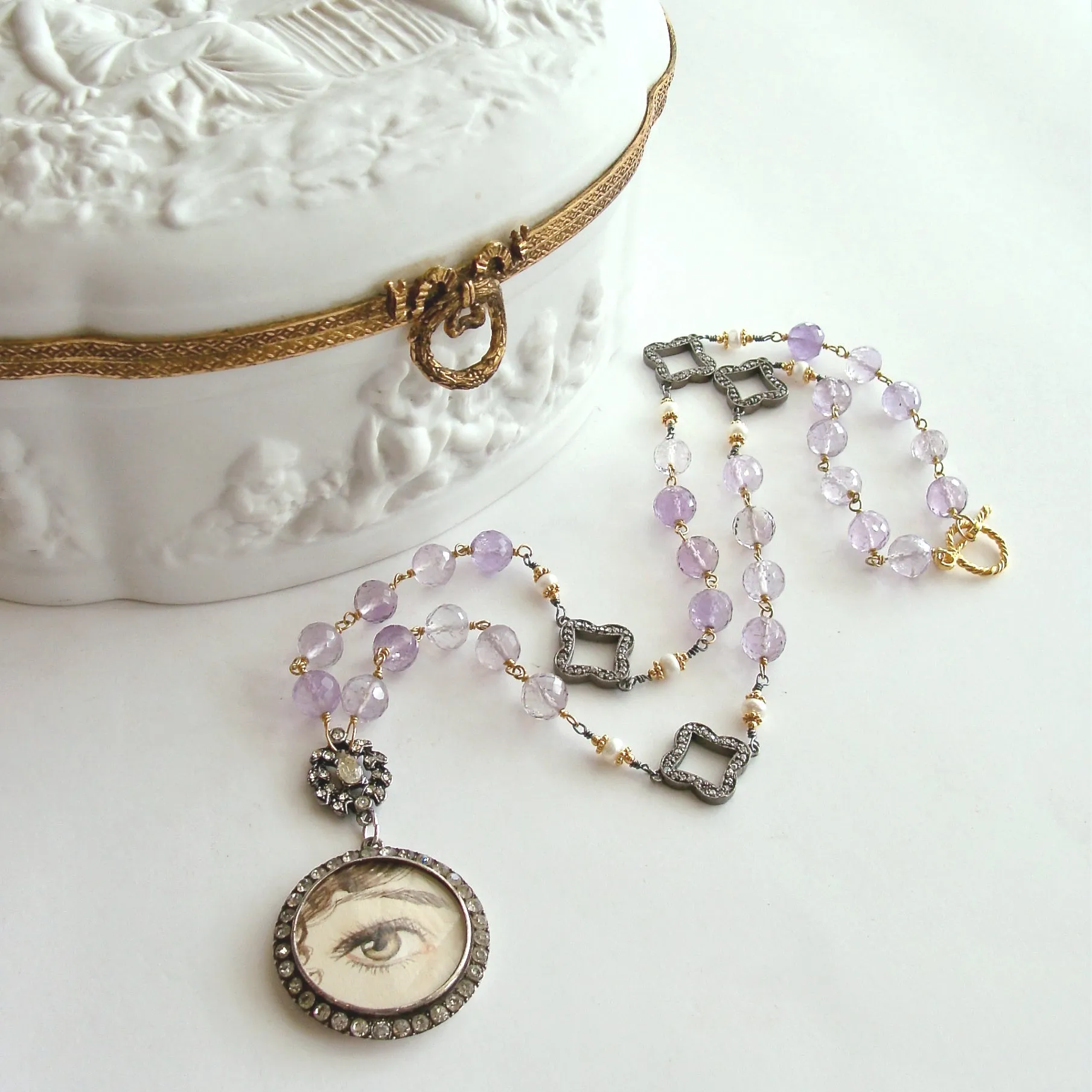 Lover’s Eye Pink Amethyst Button Pearls Silver Paste Quatrefoils Necklace - Delphina Necklace