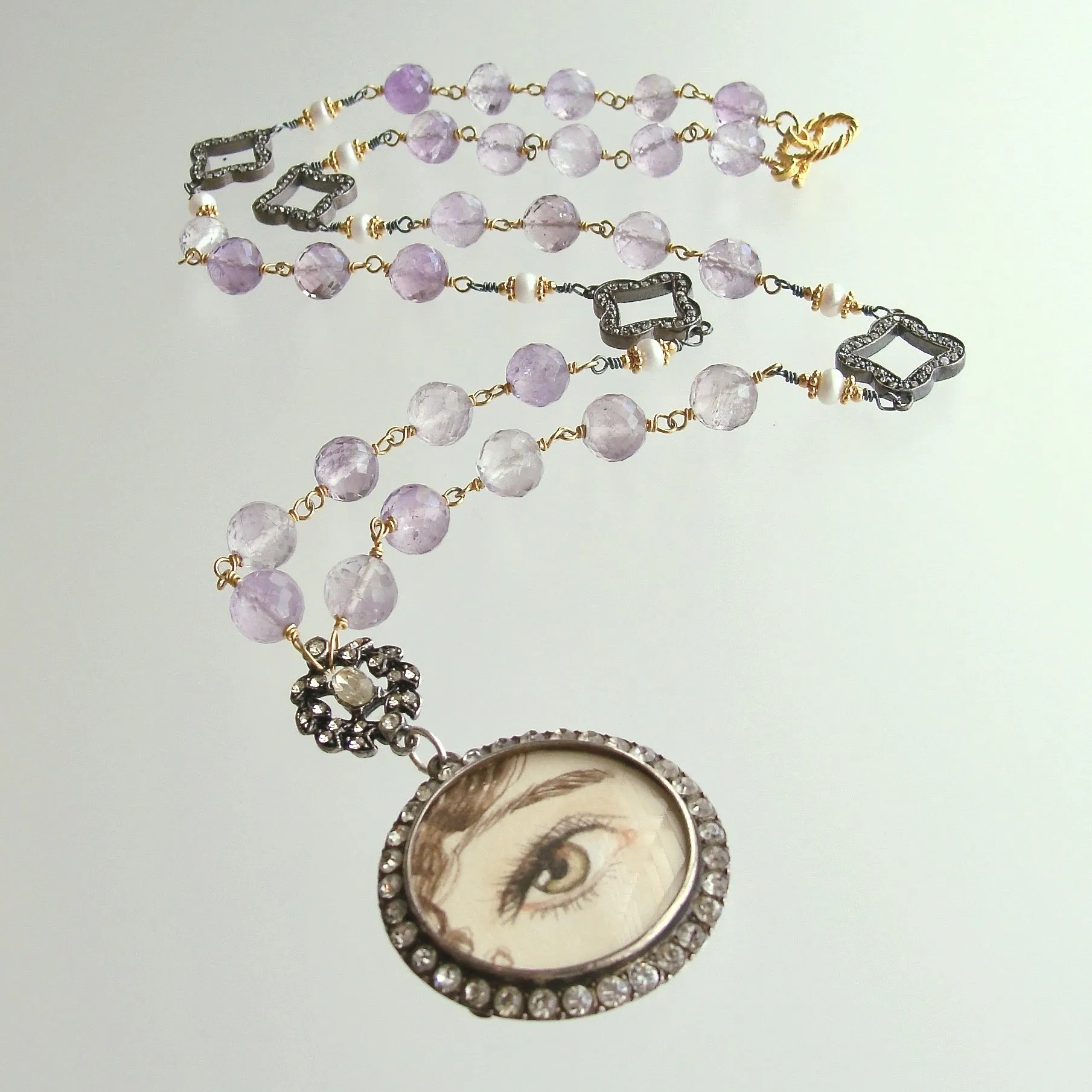 Lover’s Eye Pink Amethyst Button Pearls Silver Paste Quatrefoils Necklace - Delphina Necklace