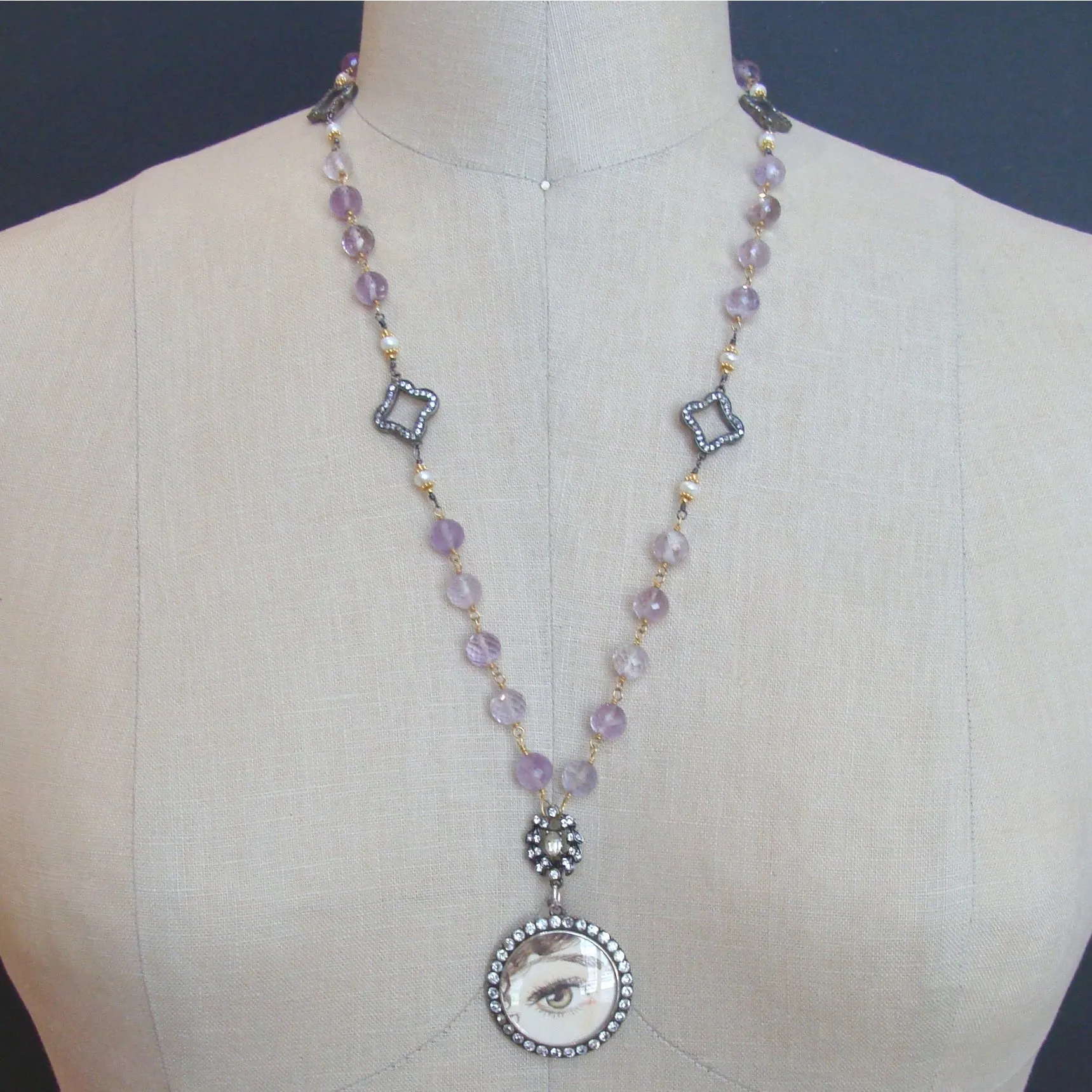 Lover’s Eye Pink Amethyst Button Pearls Silver Paste Quatrefoils Necklace - Delphina Necklace