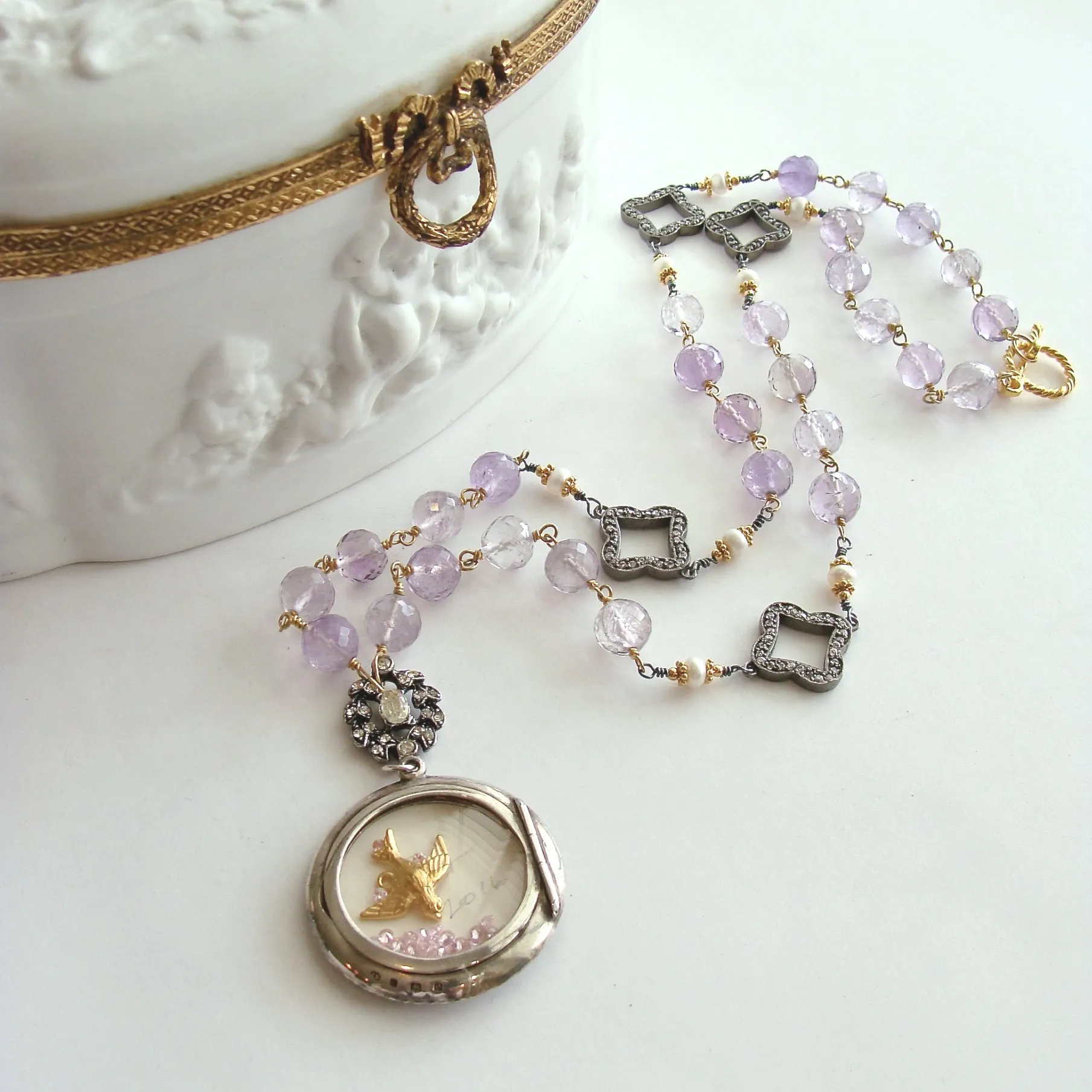 Lover’s Eye Pink Amethyst Button Pearls Silver Paste Quatrefoils Necklace - Delphina Necklace