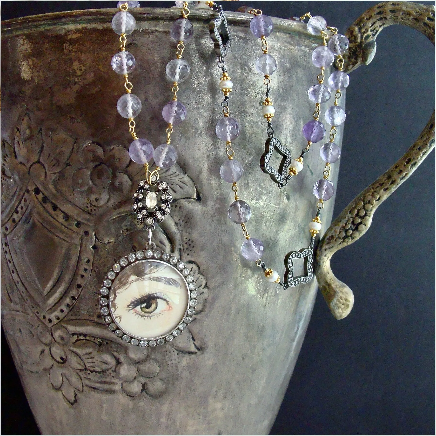 Lover’s Eye Pink Amethyst Button Pearls Silver Paste Quatrefoils Necklace - Delphina Necklace