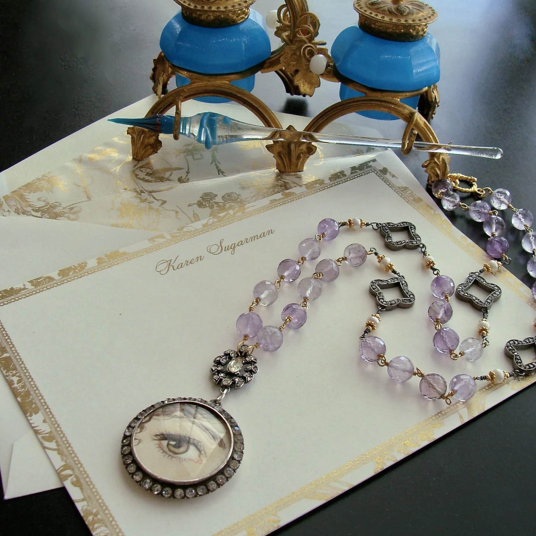 Lover’s Eye Pink Amethyst Button Pearls Silver Paste Quatrefoils Necklace - Delphina Necklace