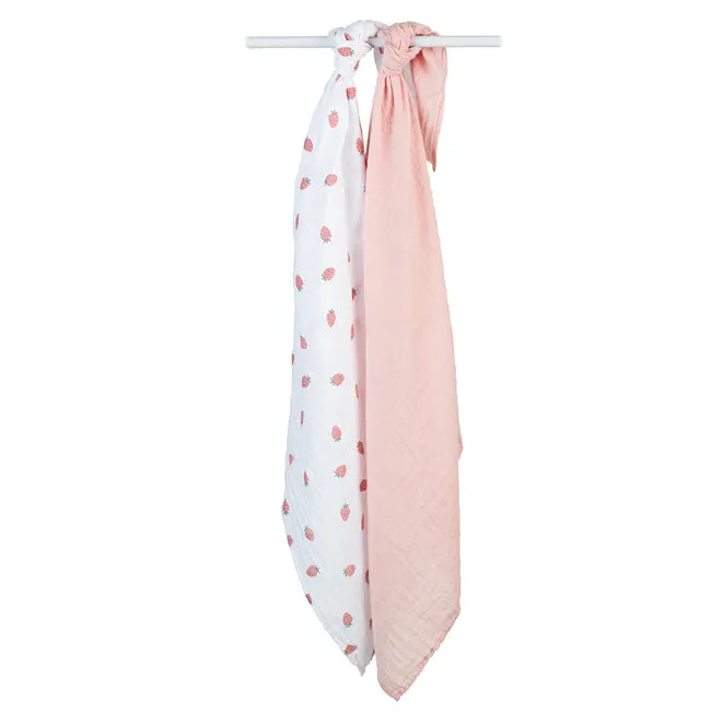 Lulujo 2pk Cotton Muslin Swaddles - Strawberries   Ballet Pink