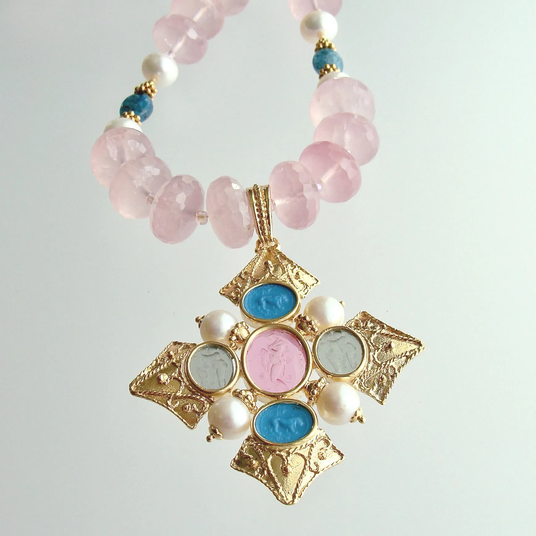 Maltese-Style Intaglio Removable Pendant, Rose Quartz, Apatite and Pearls Choker Necklace - Catania Necklace