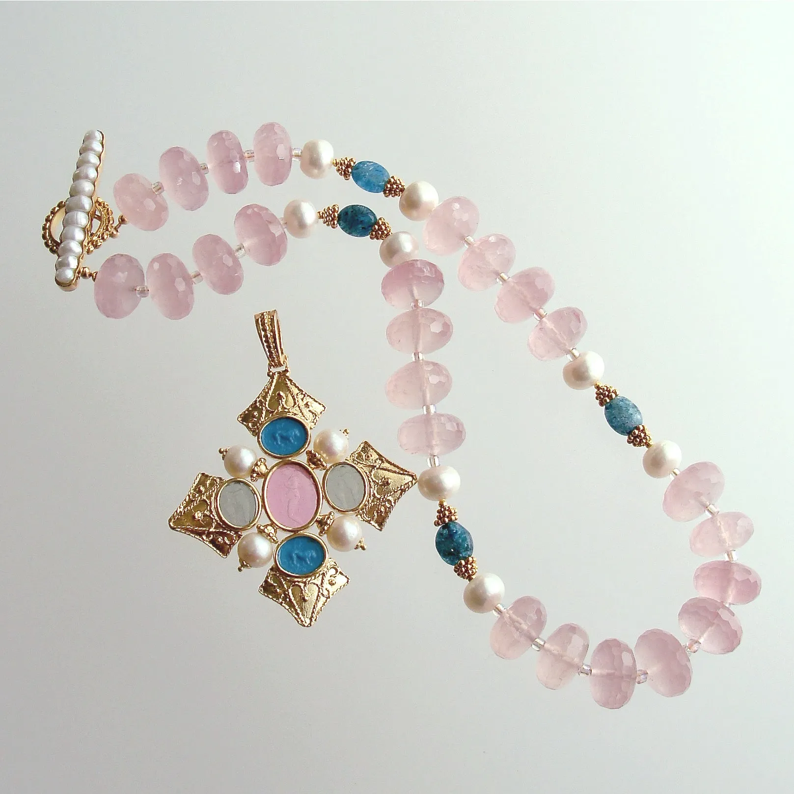 Maltese-Style Intaglio Removable Pendant, Rose Quartz, Apatite and Pearls Choker Necklace - Catania Necklace