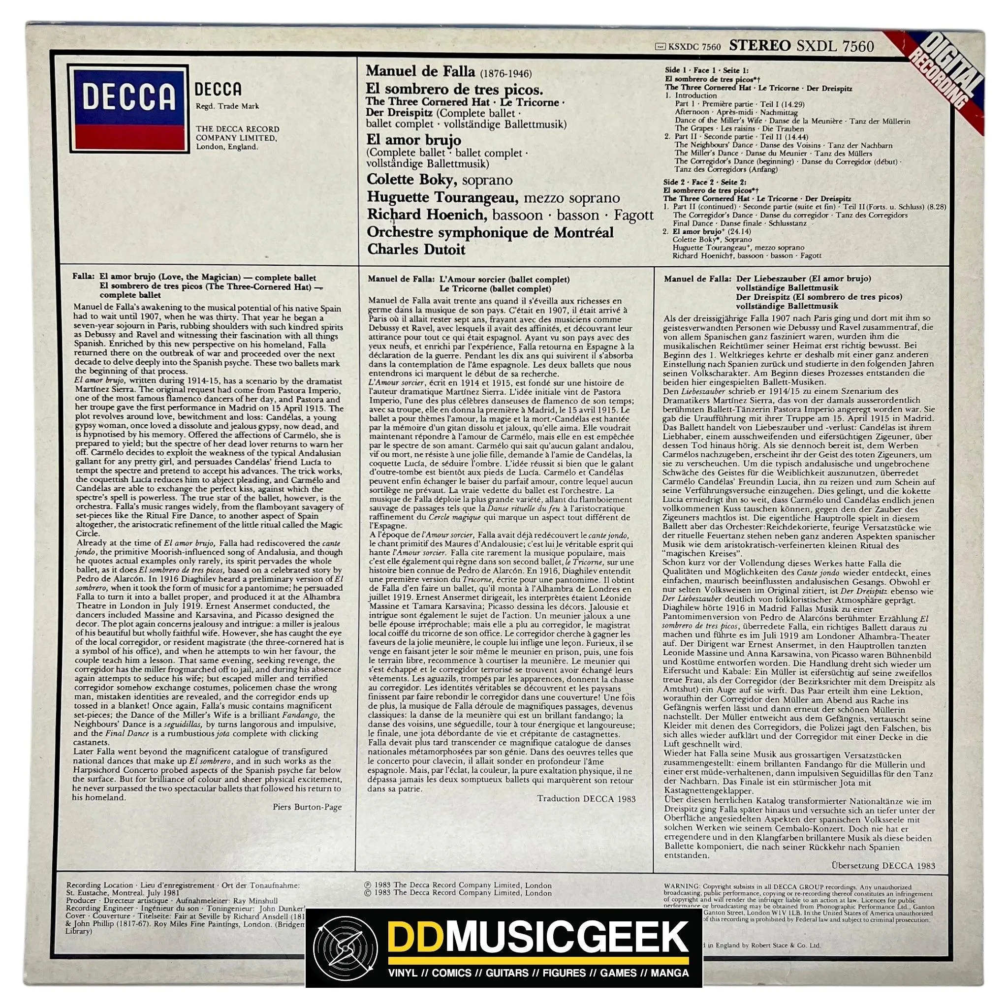 Manuel De Falla, Colette Boky, Huguette Tourangeau, Orchestre symphonique de Montréal, Charles Dutoit: The Three Cornered Hat = Der Dreispitz - El Amor Brujo (LP)