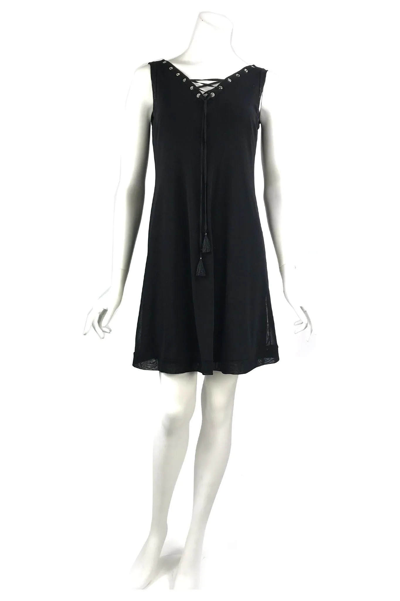 MAXIMA Grommets And Ribbon Sleeveless  A-line Black Trapeze Dress