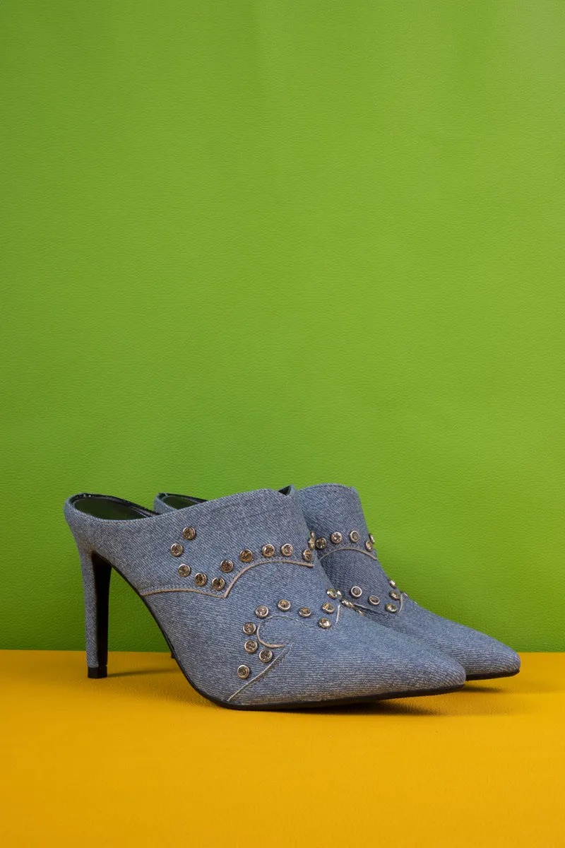 Maxina Studded Denim Stilettos - Denim Blue