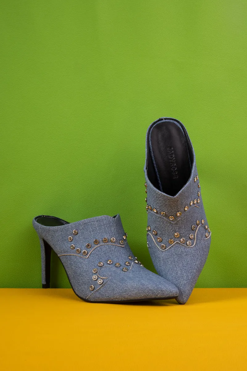 Maxina Studded Denim Stilettos - Denim Blue