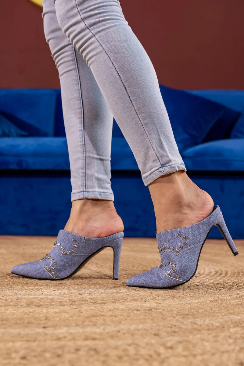 Maxina Studded Denim Stilettos - Denim Blue