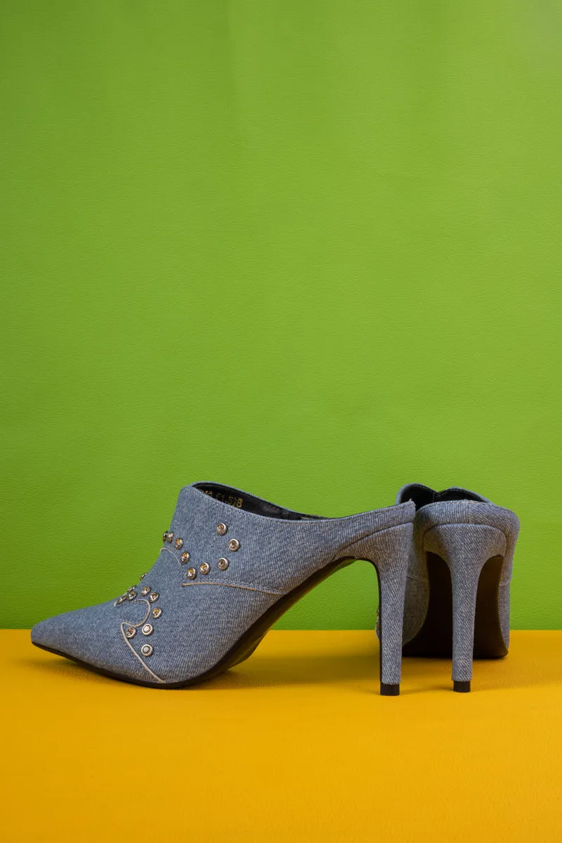 Maxina Studded Denim Stilettos - Denim Blue