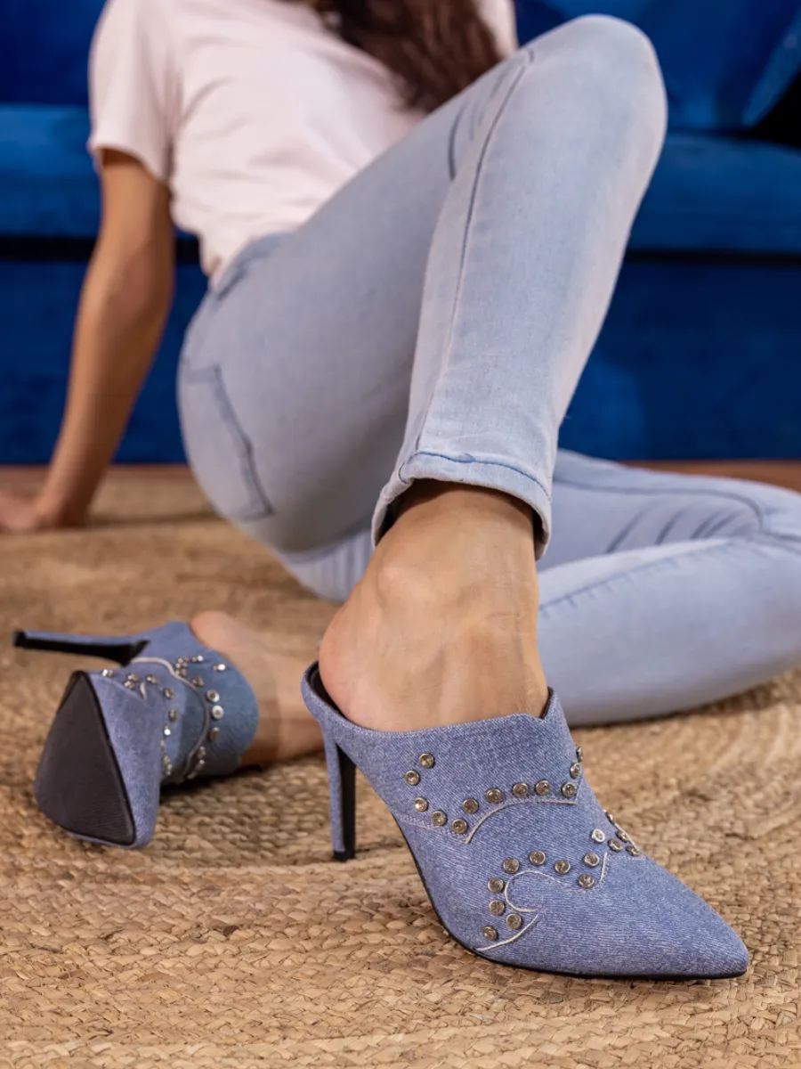 Maxina Studded Denim Stilettos - Denim Blue