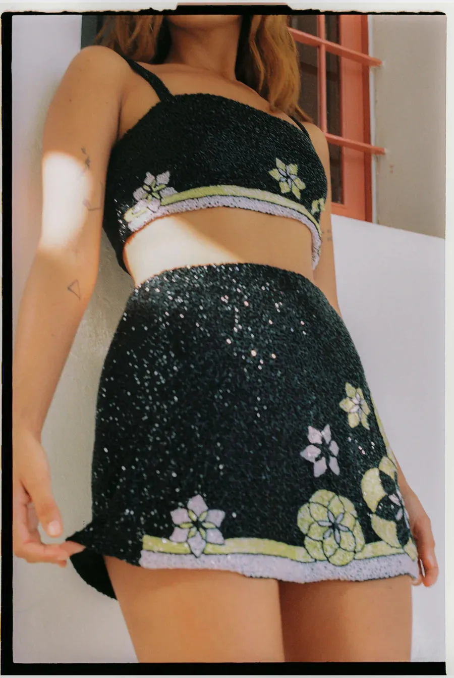 Mei Hand Embroidered Summer Co-ord Skirt Black