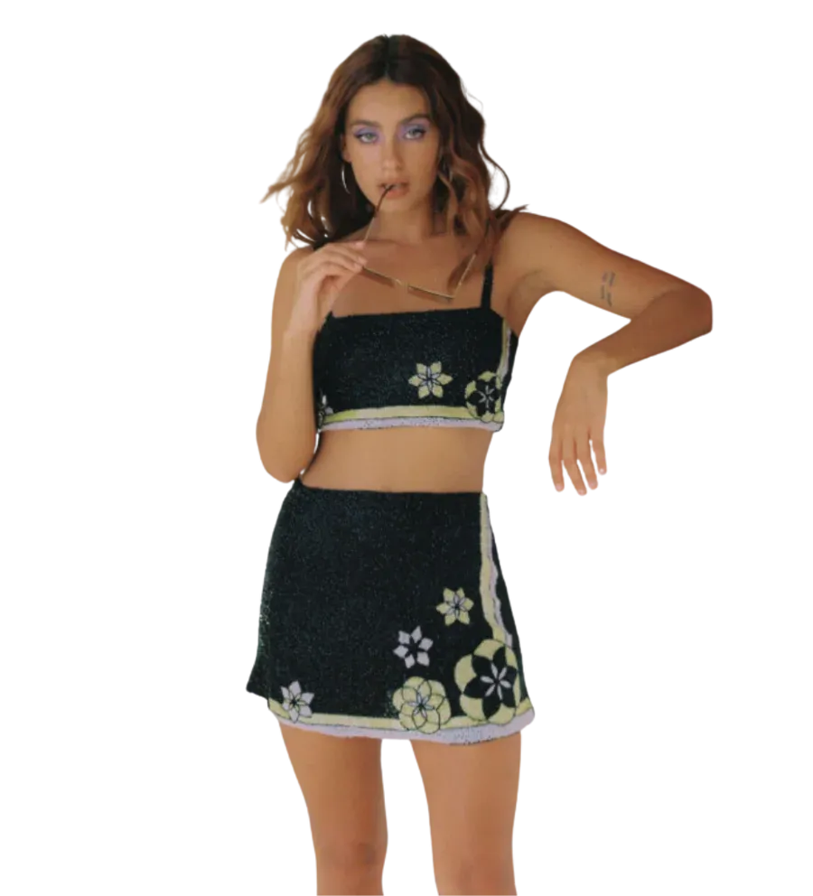 Mei Hand Embroidered Summer Co-ord Skirt Black