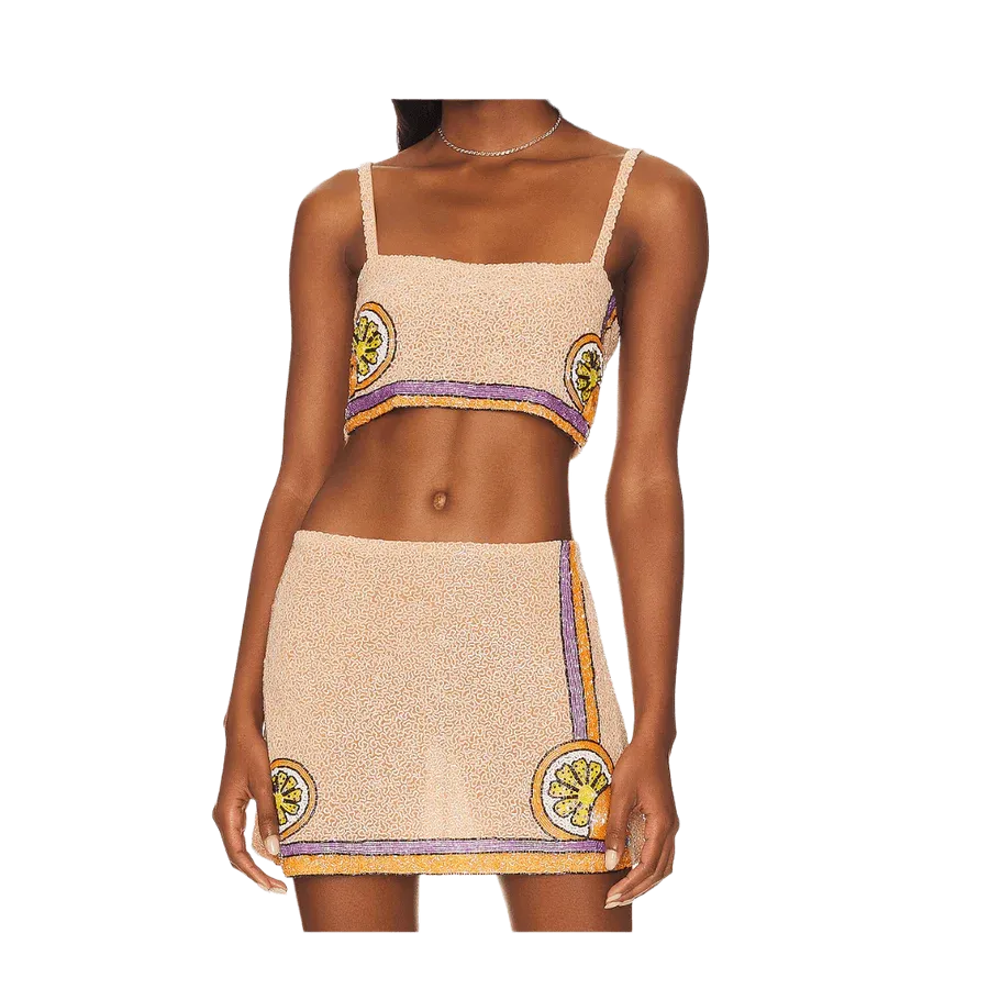 Melodie Co-ord Hand Embroidered Crystal Skirt Peach
