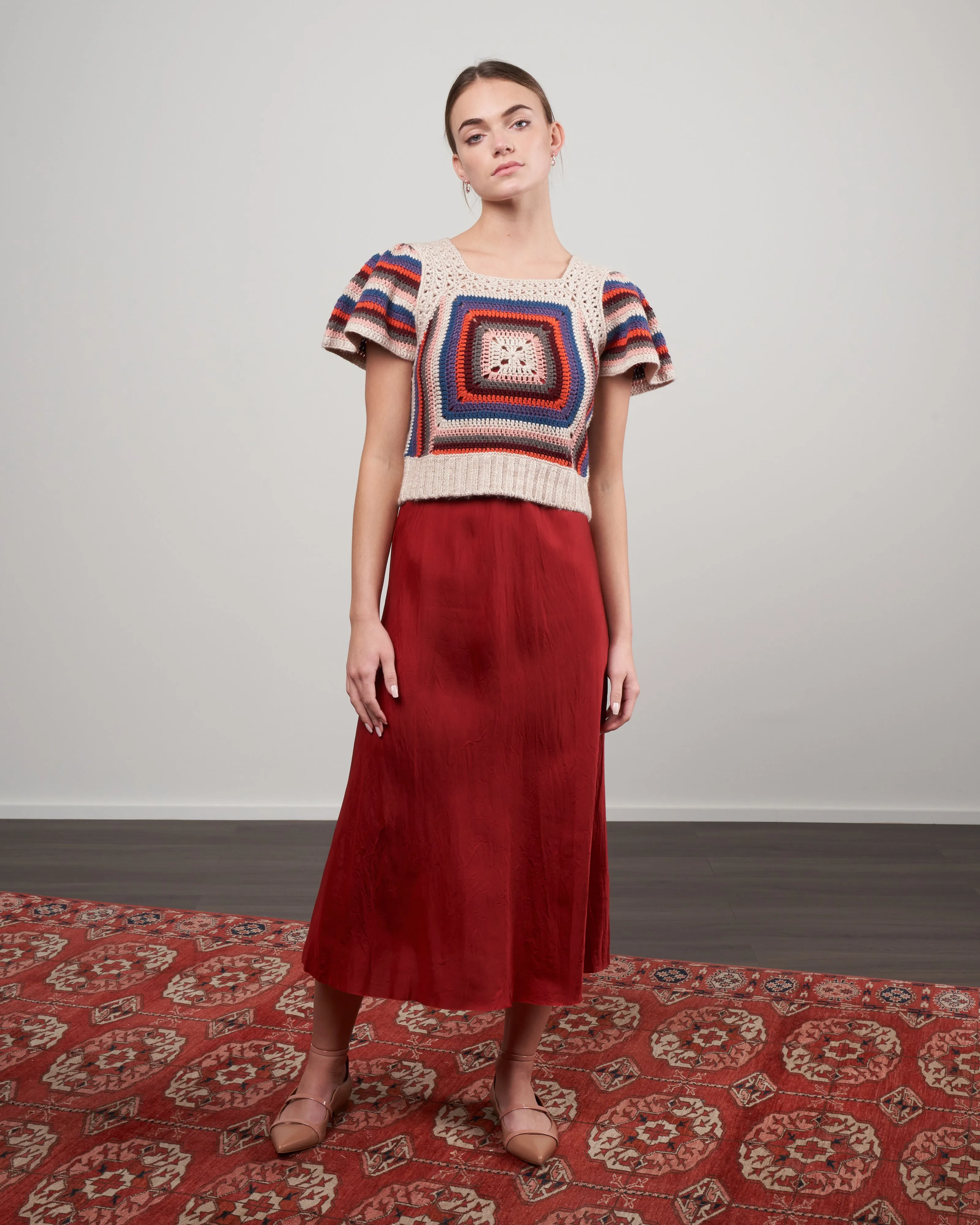 mena crochet flutter sleeve knit tank - multi