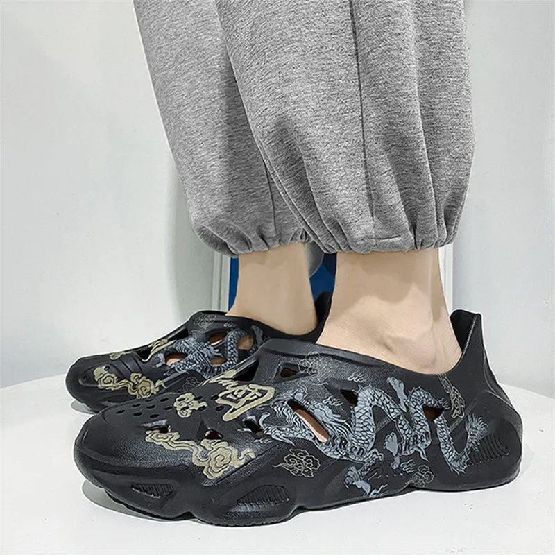 Men's Loong & Chinese Characters Hollow Out Beach Sandals