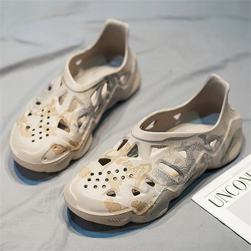 Men's Loong & Chinese Characters Hollow Out Beach Sandals