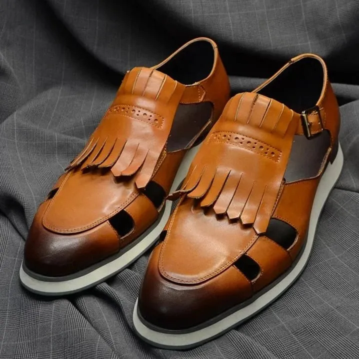 Mens Tassel Sandals Genuine Leather Buckle Strap Hollow Out Summer Casual Shoes