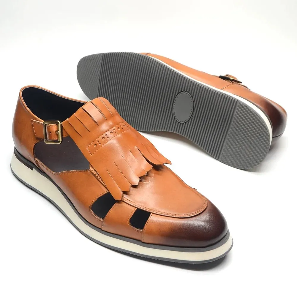 Mens Tassel Sandals Genuine Leather Buckle Strap Hollow Out Summer Casual Shoes