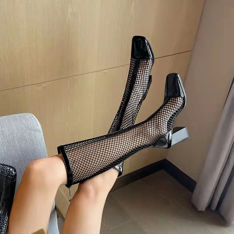 Mesh Hollow Sandals Boots Women&#39;s All-match Thick Heel High Heel Women&#39;s Boots 2022 Spring/Summer New Women&#39;s Sandals Trend