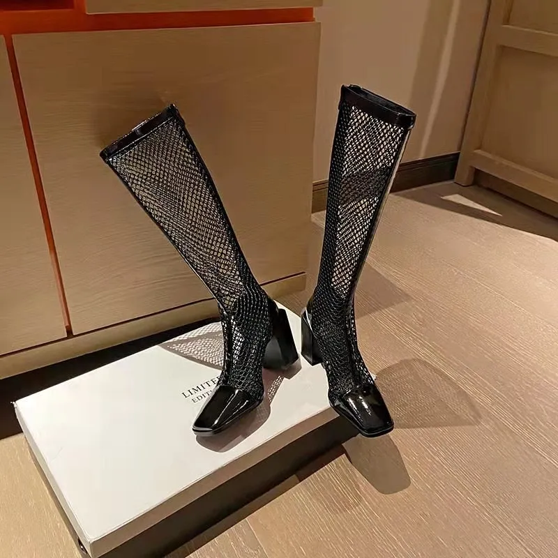 Mesh Hollow Sandals Boots Women&#39;s All-match Thick Heel High Heel Women&#39;s Boots 2022 Spring/Summer New Women&#39;s Sandals Trend