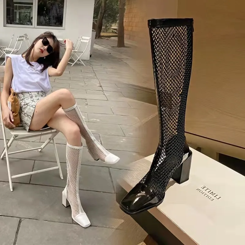 Mesh Hollow Sandals Boots Women&#39;s All-match Thick Heel High Heel Women&#39;s Boots 2022 Spring/Summer New Women&#39;s Sandals Trend