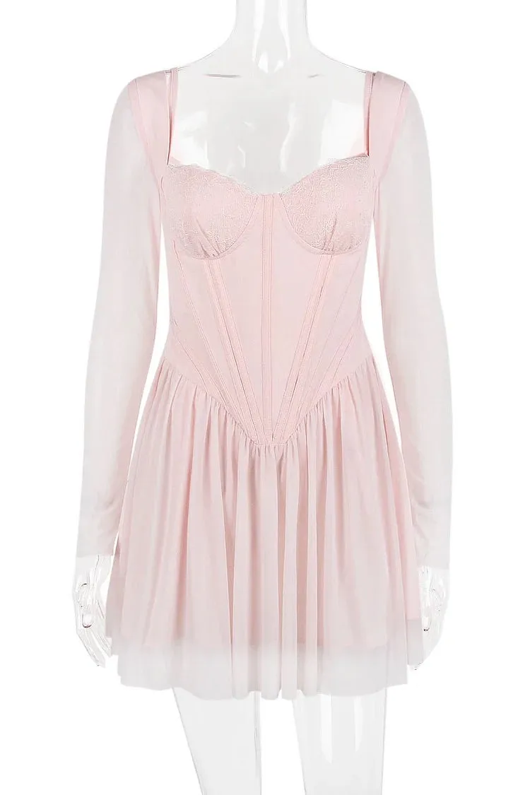 Mesh Long Sleeve Corset A-Line Pleated Ballet Style Mini Dresses