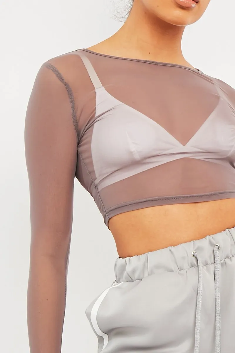 Mink Mesh Long Sleeve Crop Top - Aaima