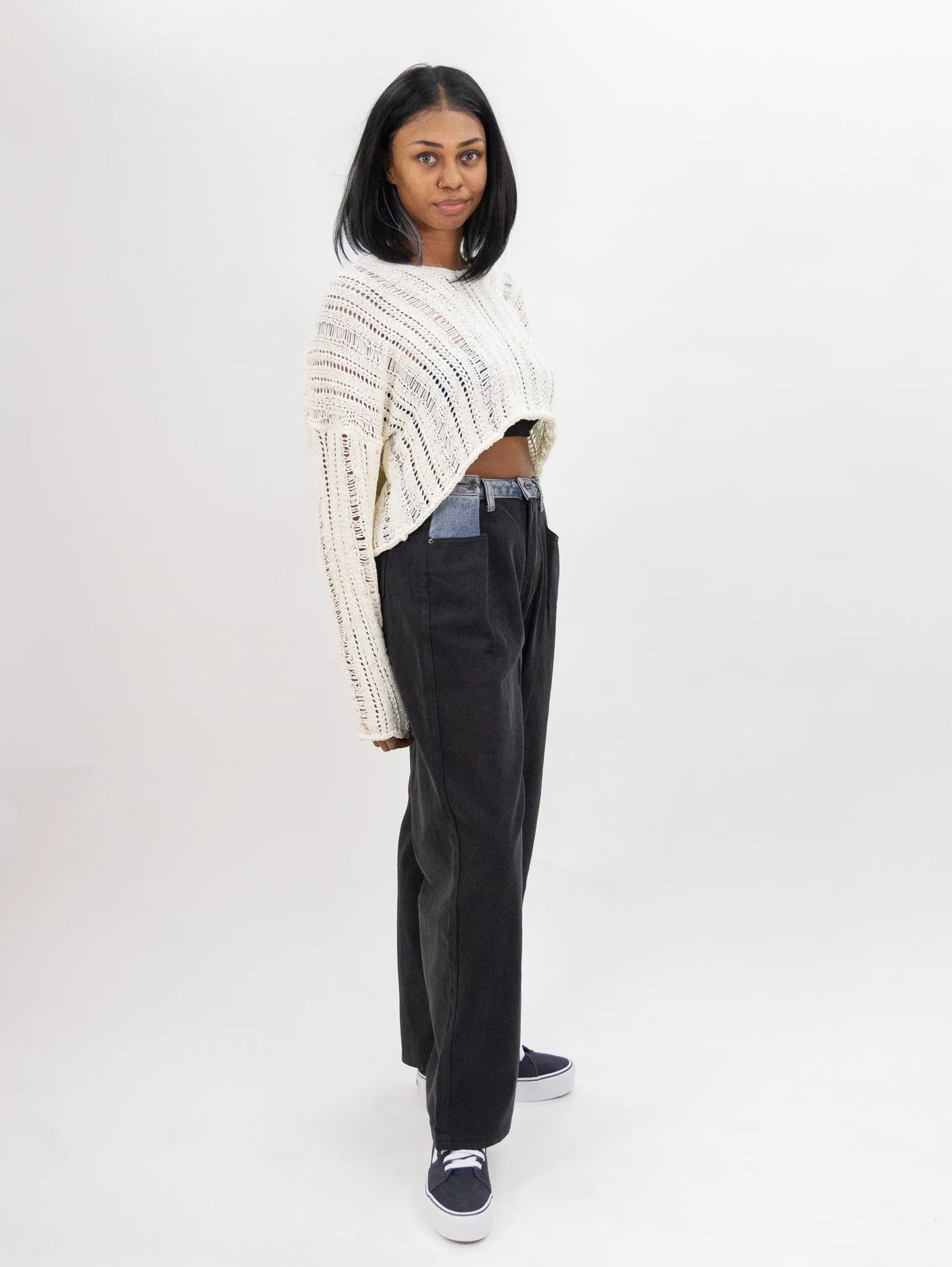 Moon River Wide Leg Two Tone Denim Pants - Black