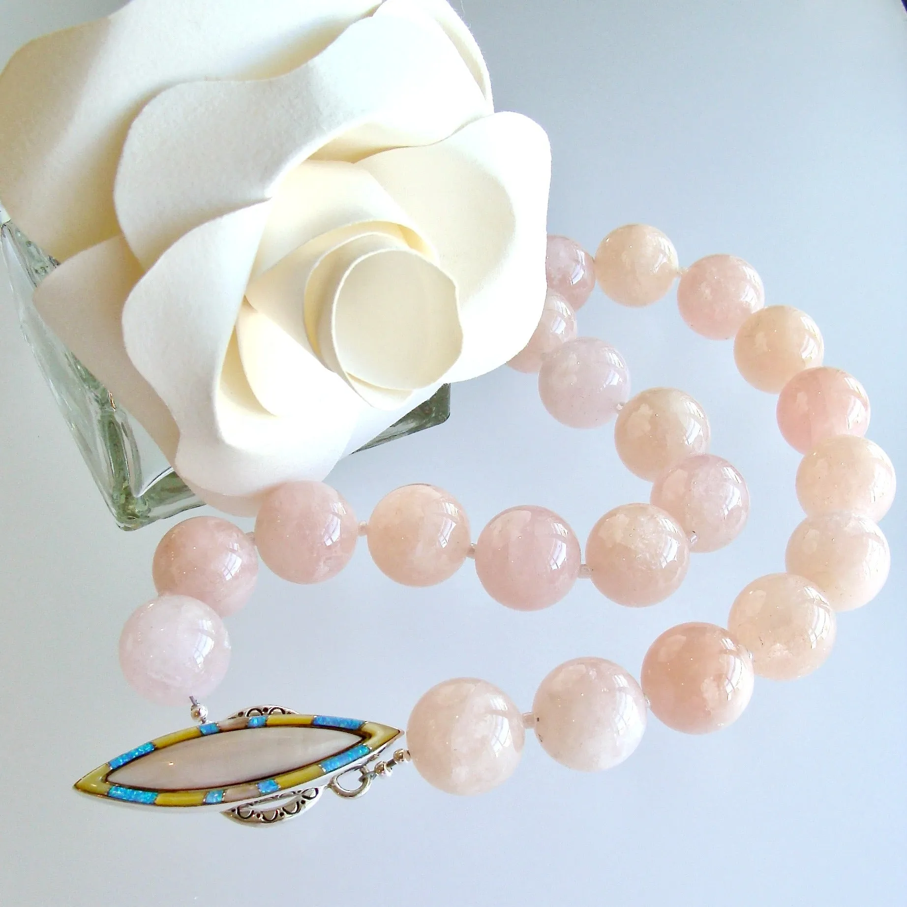 Morganite Beryl Ballet Pink Opal Inlay Toggle Choker Necklace - Dahlia V Necklace
