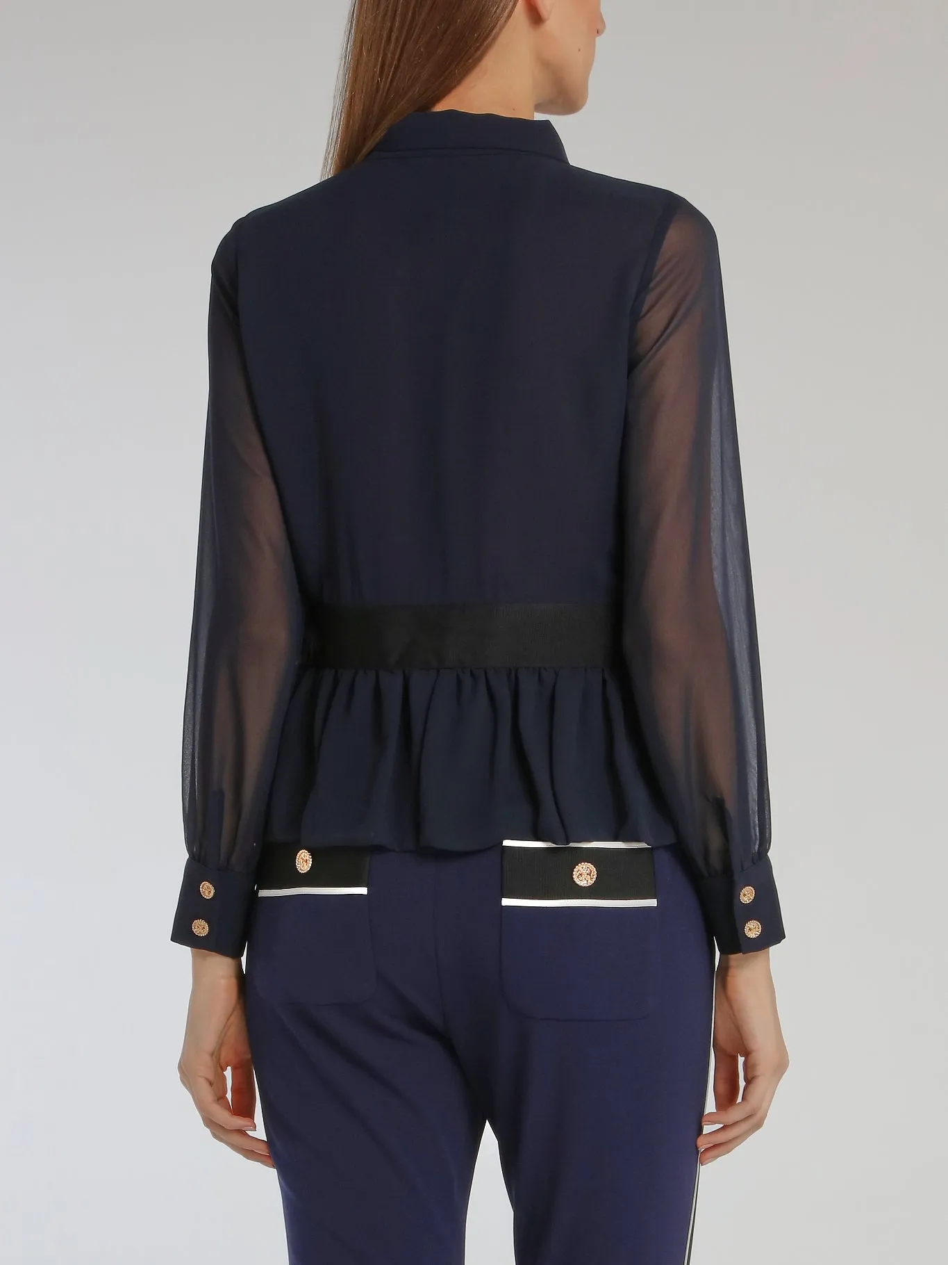 Navy Belted Ruffle Top